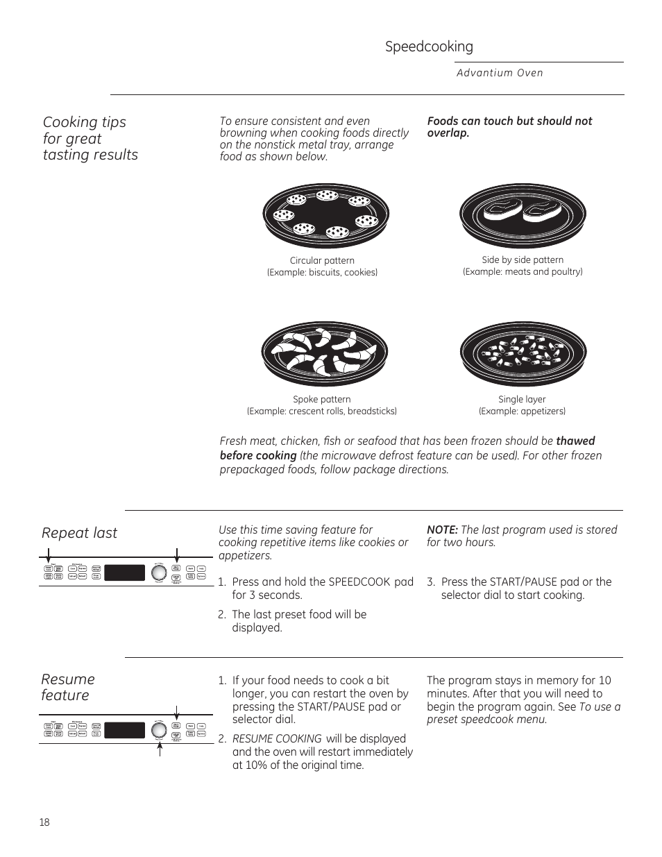 Speedcooking, Cooking tips for great tasting results, Repeat last | Resume feature | GE PSB9120DFBB User Manual | Page 18 / 76