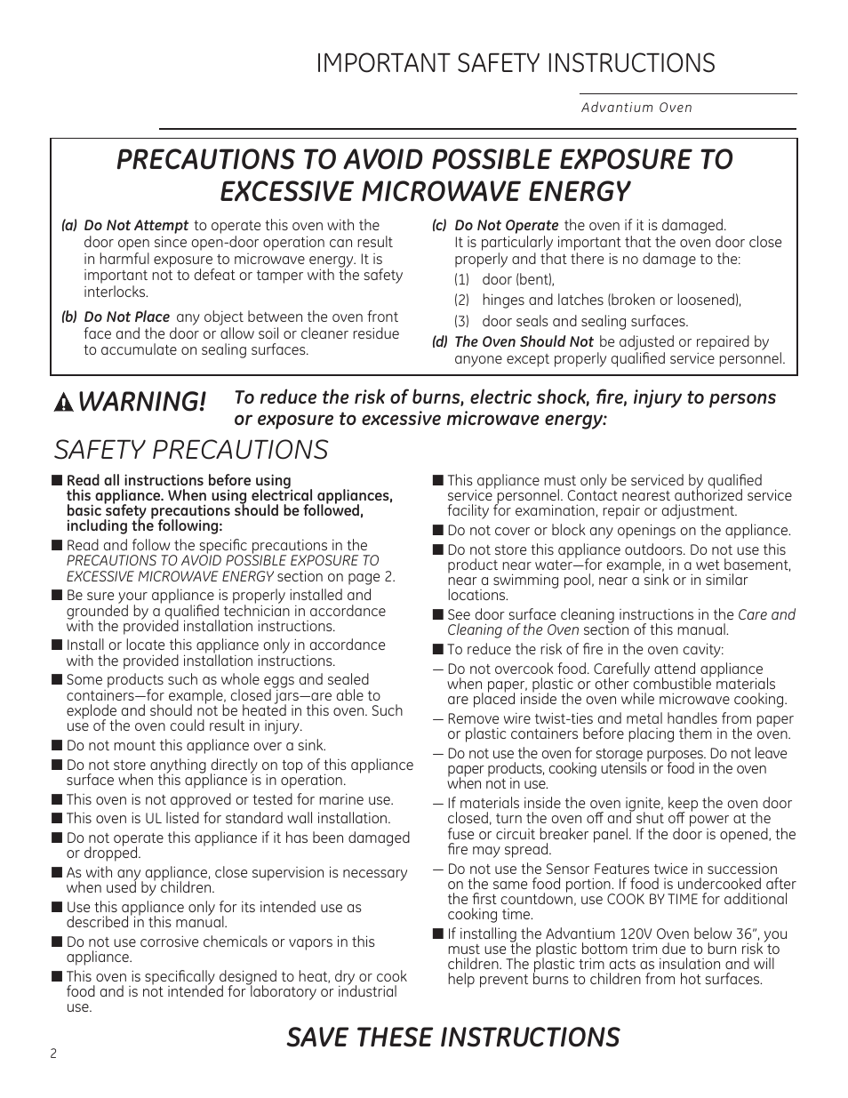 Warning! safety precautions | GE PSB9120DFBB User Manual | Page 2 / 76
