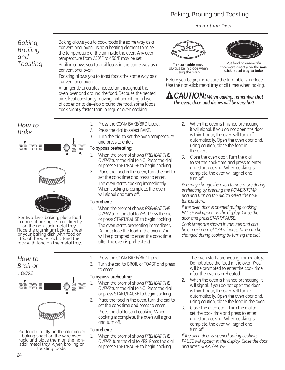 Caution, Baking, broiling and toasting | GE PSB9120DFBB User Manual | Page 24 / 76