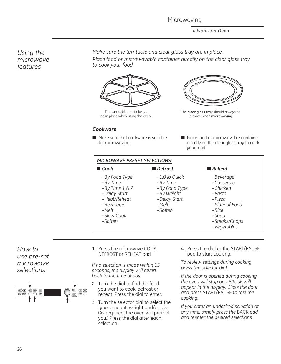 Microwaving, Using the microwave features, How to use pre-set microwave selections | GE PSB9120DFBB User Manual | Page 26 / 76