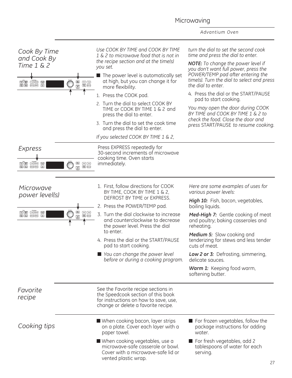 Microwaving, Cook by time and cook by 7lph, Express microwave power level(s) | Cooking tips, Favorite recipe | GE PSB9120DFBB User Manual | Page 27 / 76