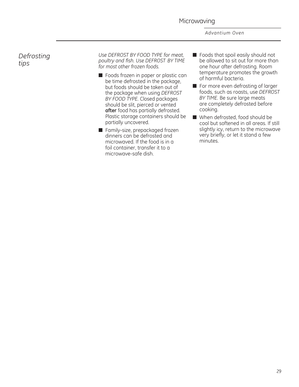 Microwaving, Defrosting tips | GE PSB9120DFBB User Manual | Page 29 / 76