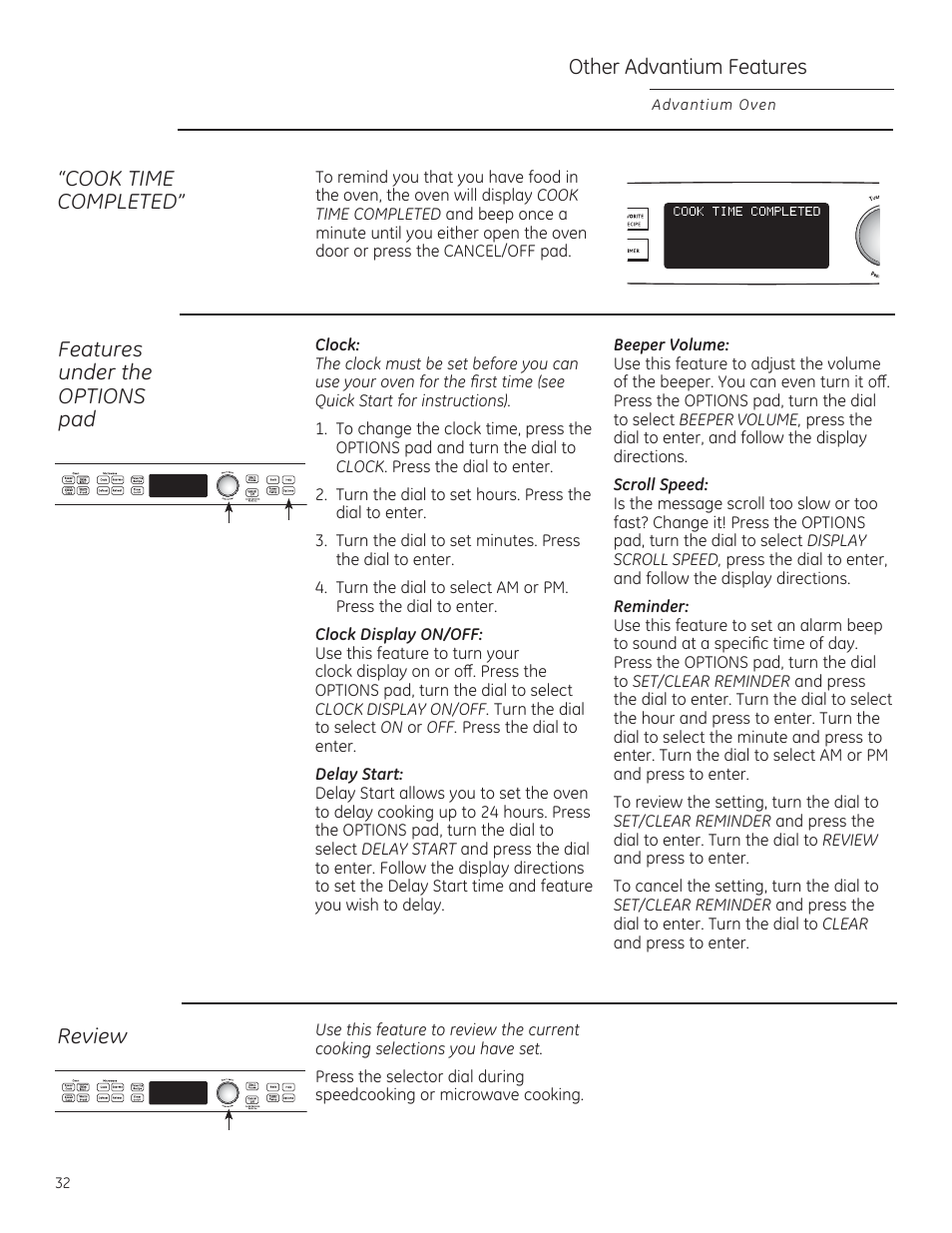 Other advantium features, Cook time completed, Features under the options pad | Review | GE PSB9120DFBB User Manual | Page 32 / 76