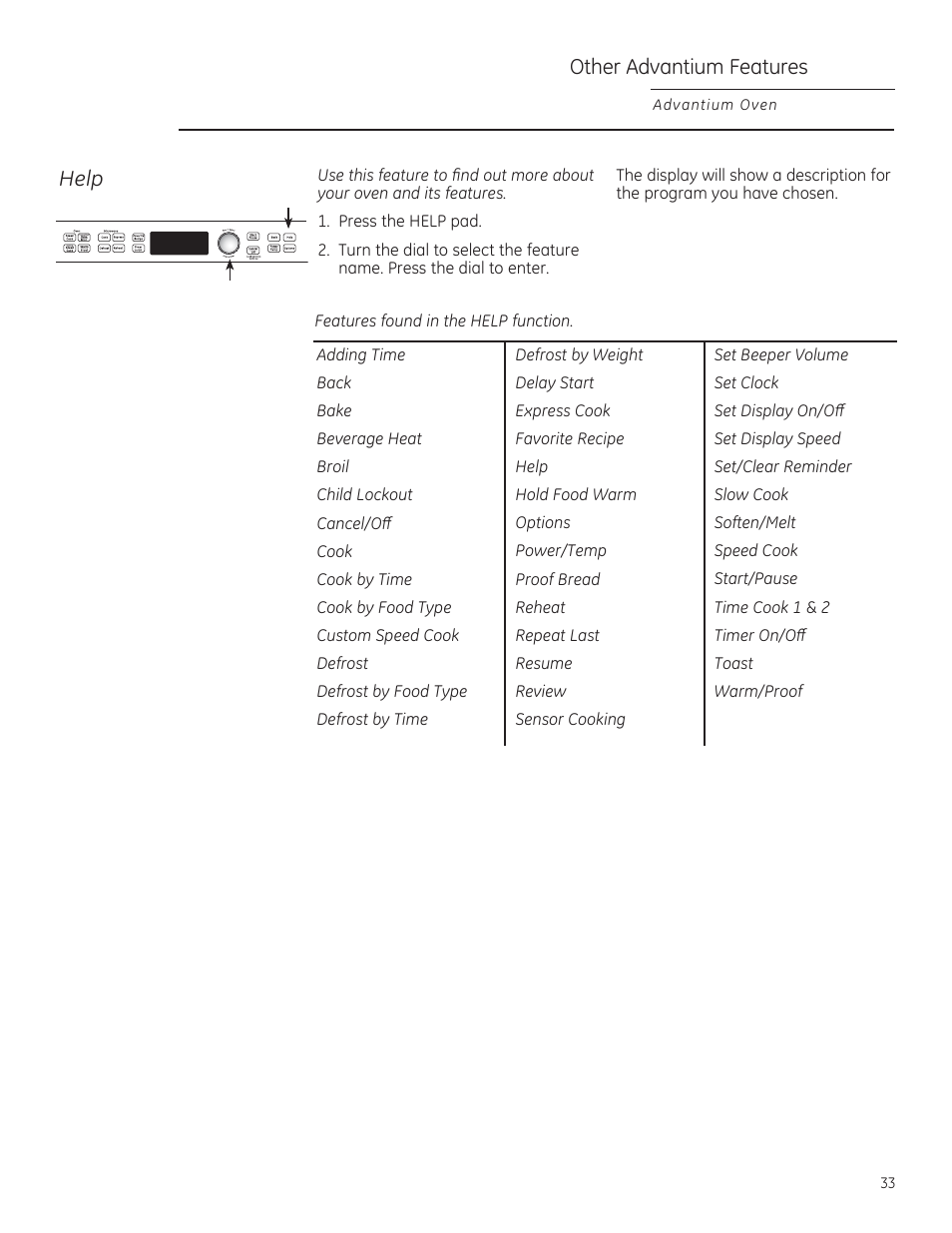 Other advantium features, Help | GE PSB9120DFBB User Manual | Page 33 / 76