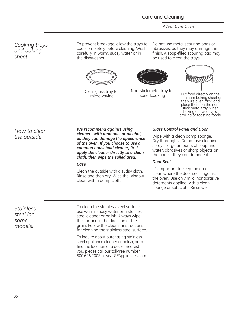 Care and cleaning, Cooking trays and baking sheet, How to clean the outside | Stainless steel (on some models) | GE PSB9120DFBB User Manual | Page 36 / 76