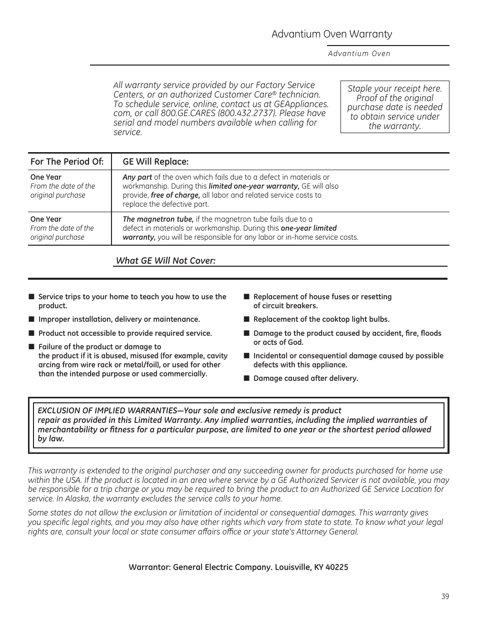 Advantium oven warranty | GE PSB9120DFBB User Manual | Page 39 / 76