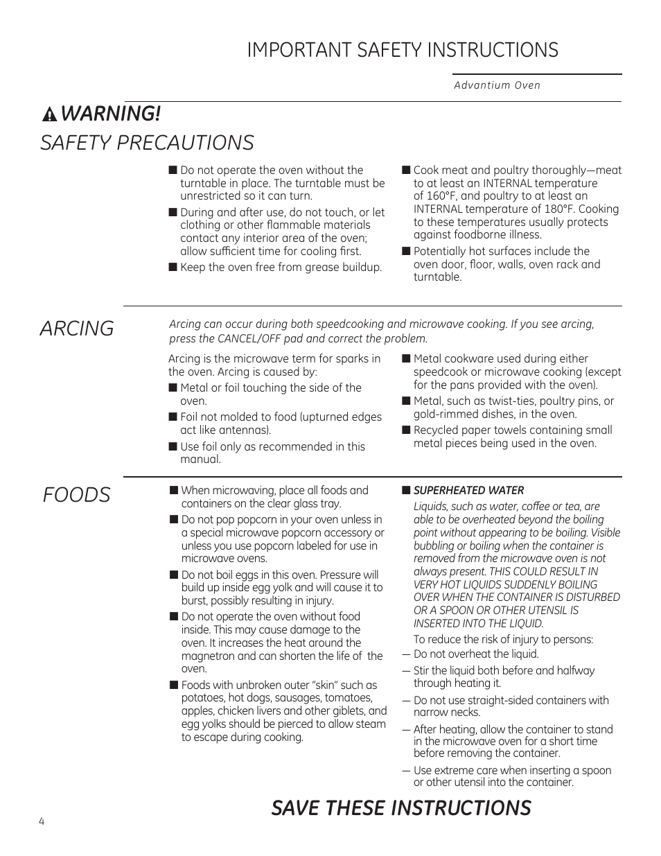 Warning, Safety precautions, Arcing | Foods save these instructions | GE PSB9120DFBB User Manual | Page 4 / 76