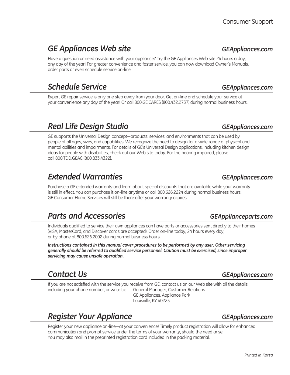 Ge appliances web site, Schedule service, Real life design studio | Extended warranties, Parts and accessories, Contact us, Register your appliance | GE PSB9120DFBB User Manual | Page 40 / 76