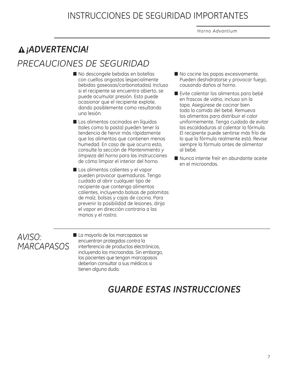 Advertencia, Instrucciones de seguridad importantes, Aviso: marcapasos | GE PSB9120DFBB User Manual | Page 47 / 76