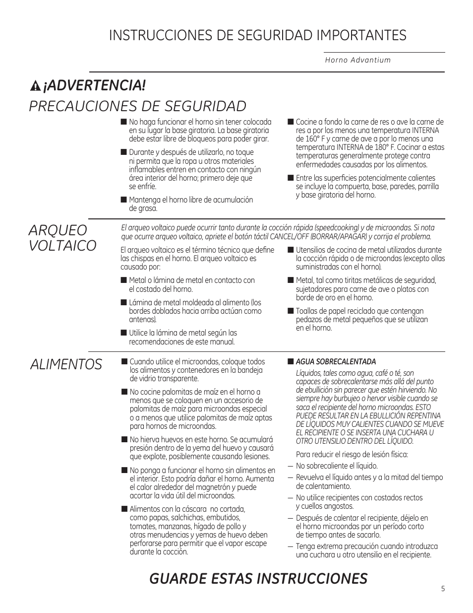 Advertencia, Precauciones de seguridad, Arqueo voltaico | Instrucciones de seguridad importantes, Alimentos guarde estas instrucciones | GE PSB9120DFBB User Manual | Page 5 / 76