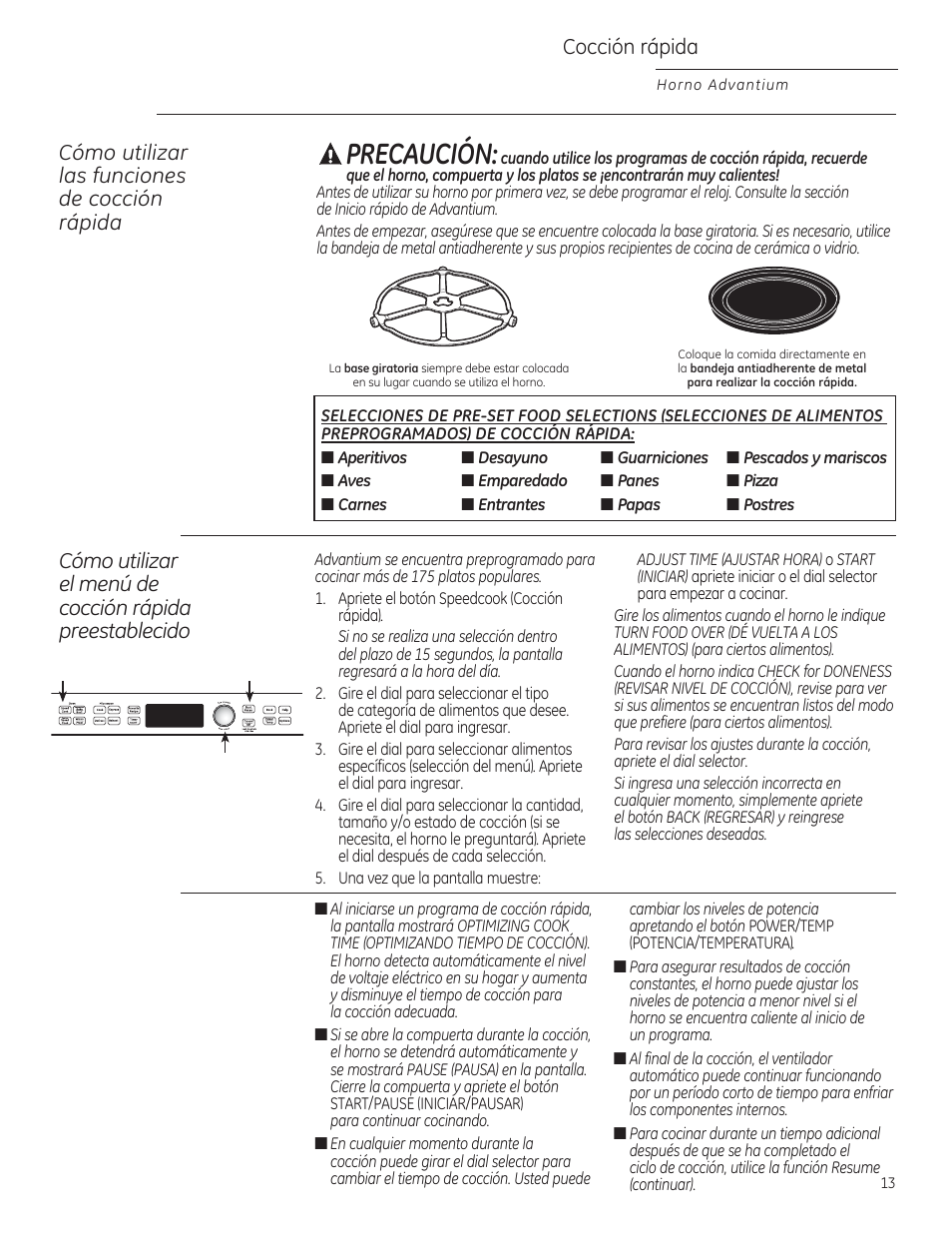 Precaución, Cocción rápida, Cómo utilizar las funciones de cocción rápida | GE PSB9120DFBB User Manual | Page 53 / 76