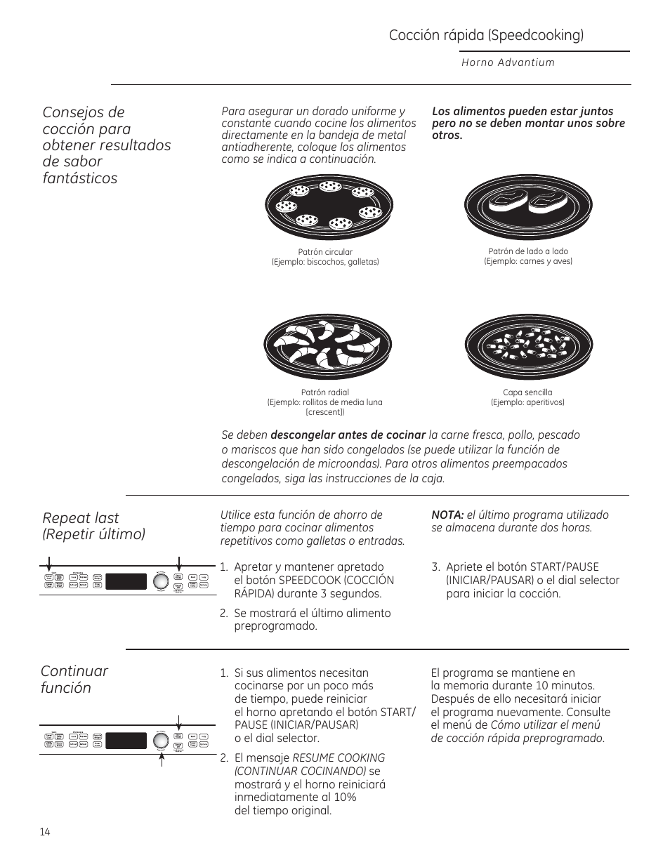 Cocción rápida (speedcooking), Repeat last (repetir último), Continuar función | GE PSB9120DFBB User Manual | Page 54 / 76