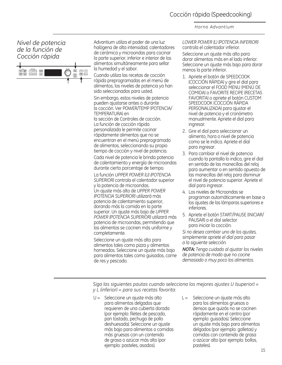 Cocción rápida (speedcooking), Nivel de potencia de la función de cocción rápida | GE PSB9120DFBB User Manual | Page 55 / 76