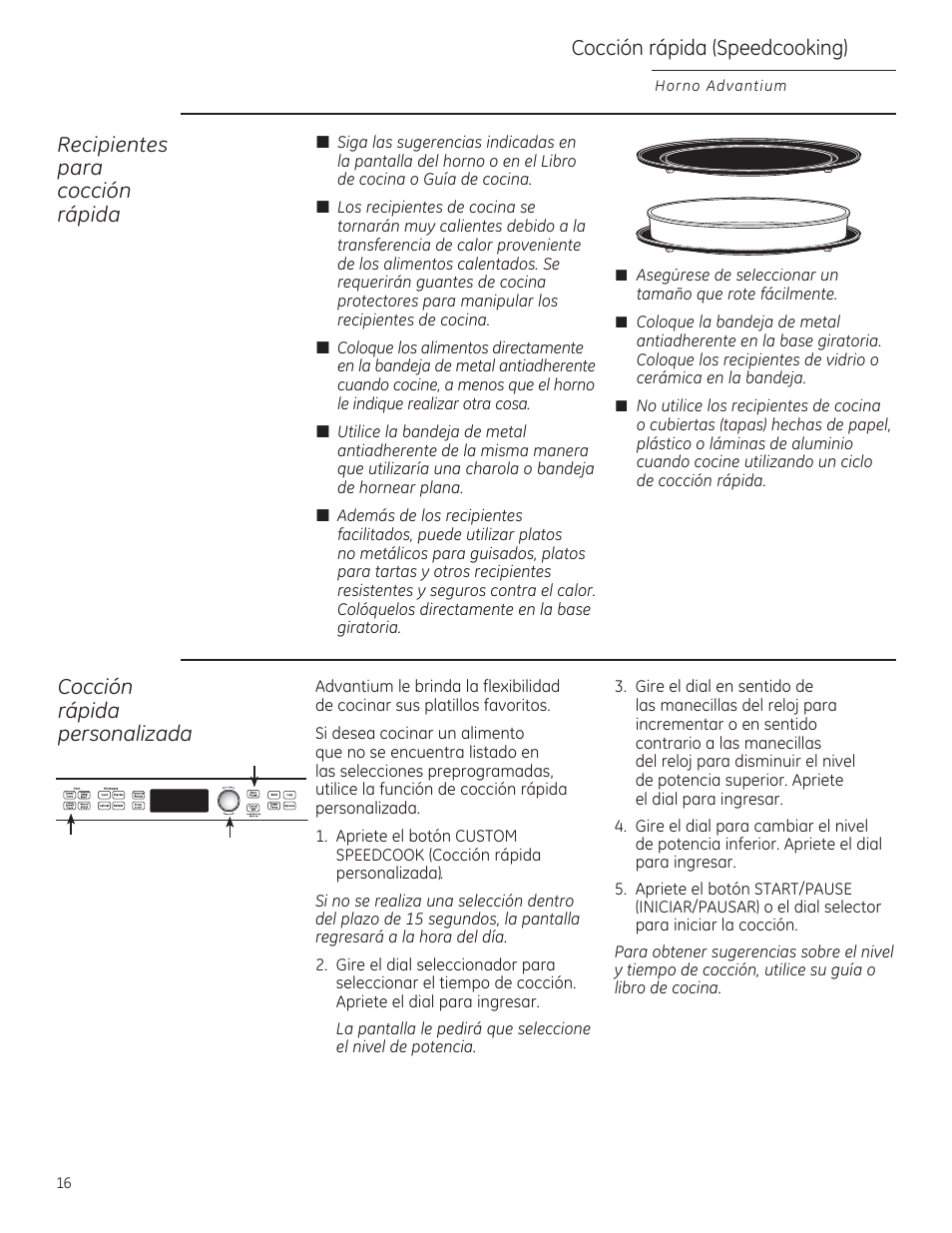Cocción rápida (speedcooking), Cocción rápida personalizada, Recipientes para cocción rápida | GE PSB9120DFBB User Manual | Page 56 / 76
