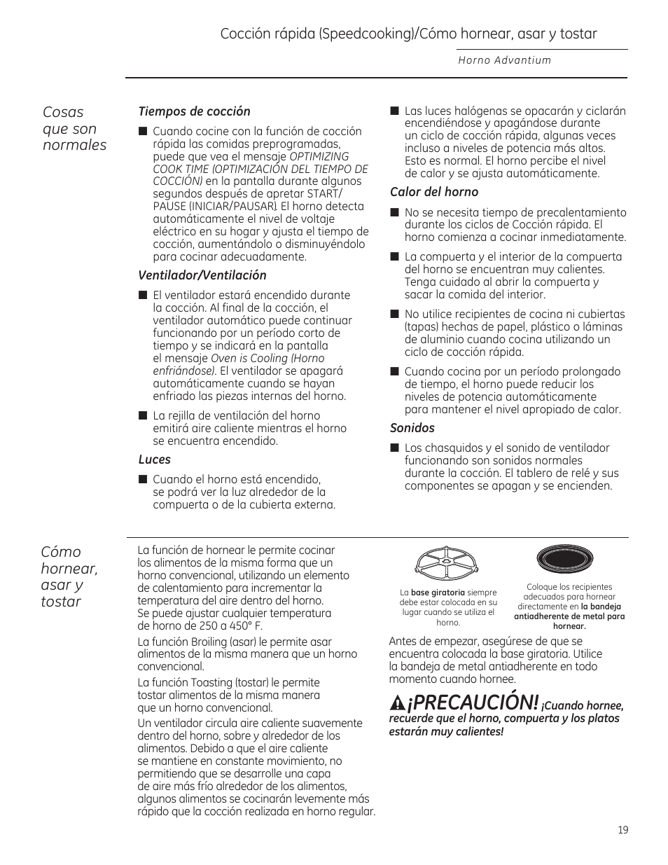 Precaución, Cosas que son normales, Cómo hornear, asar y tostar | GE PSB9120DFBB User Manual | Page 59 / 76