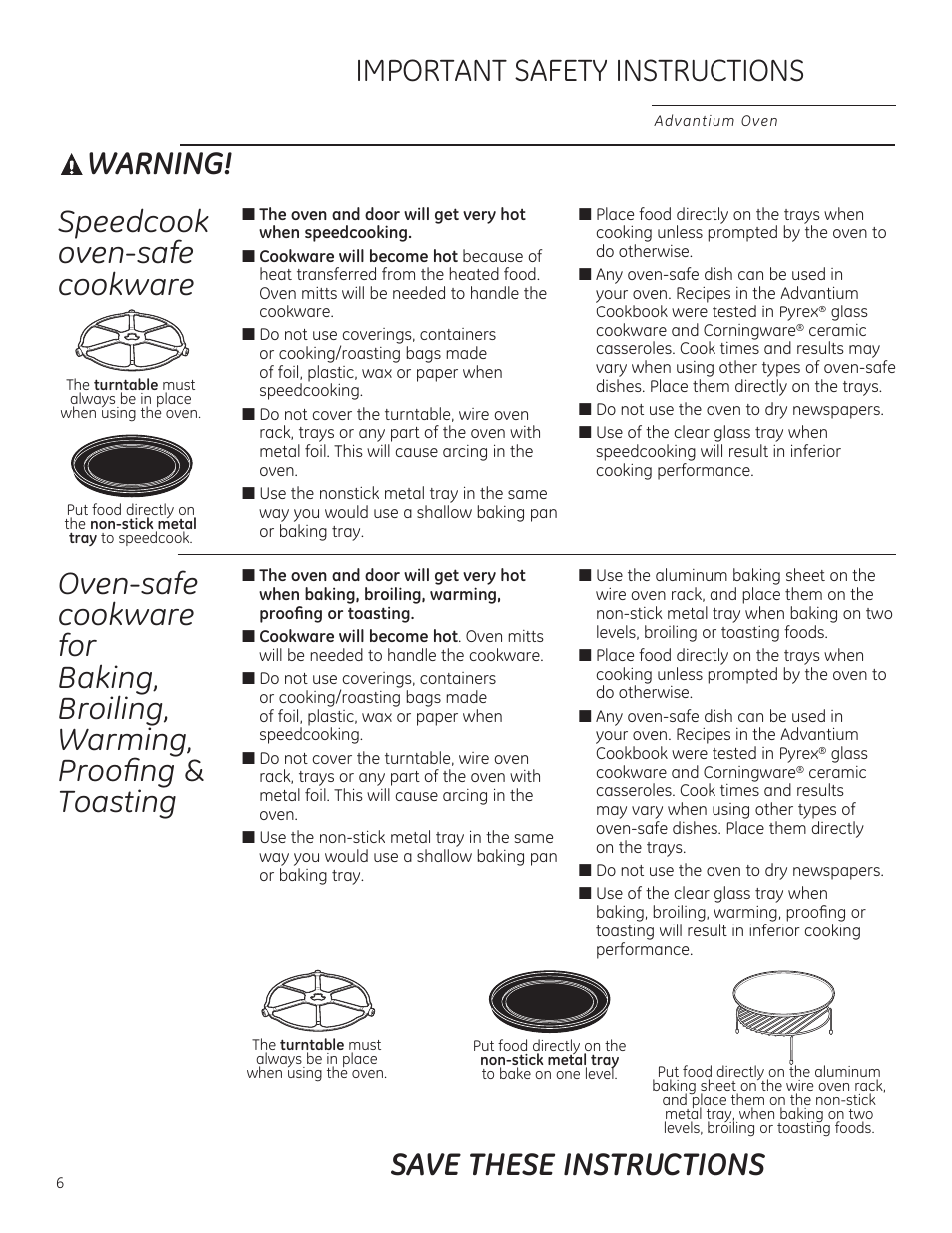Warning, Speedcook oven-safe cookware, Save these instructions | GE PSB9120DFBB User Manual | Page 6 / 76