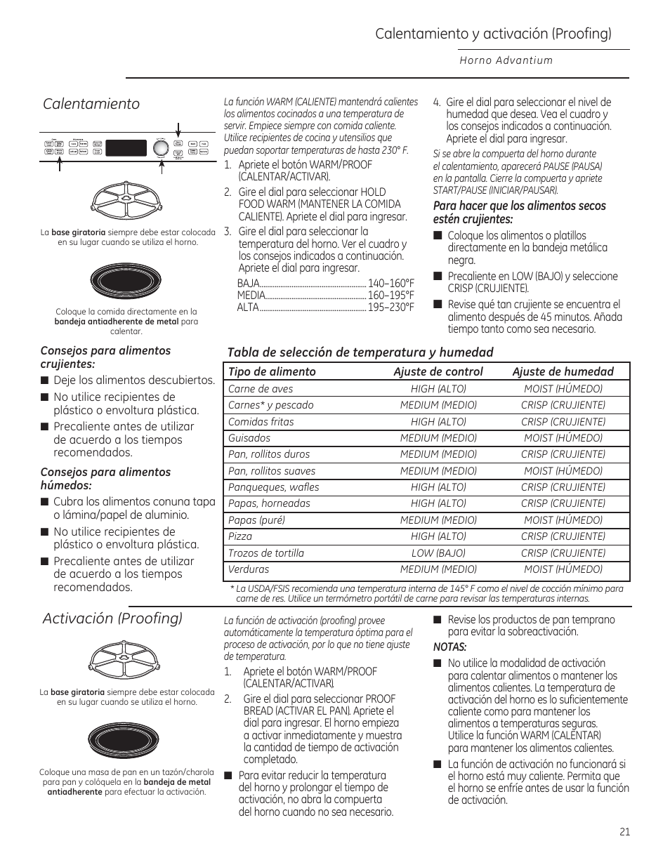 Calentamiento y activación (proofing), Calentamiento, Activación (proofing) | GE PSB9120DFBB User Manual | Page 61 / 76
