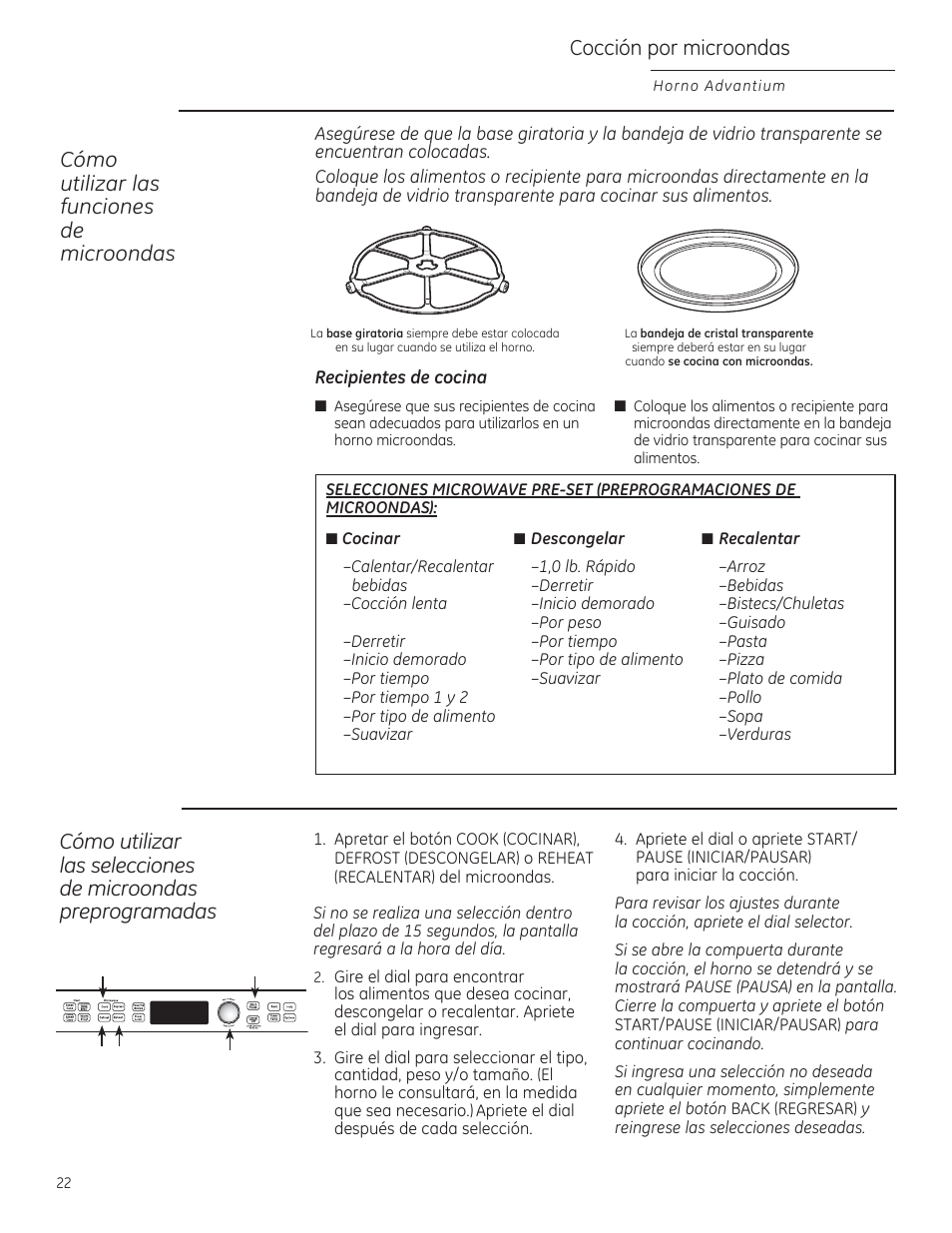 Cocción por microondas, Cómo utilizar las funciones de microondas | GE PSB9120DFBB User Manual | Page 62 / 76