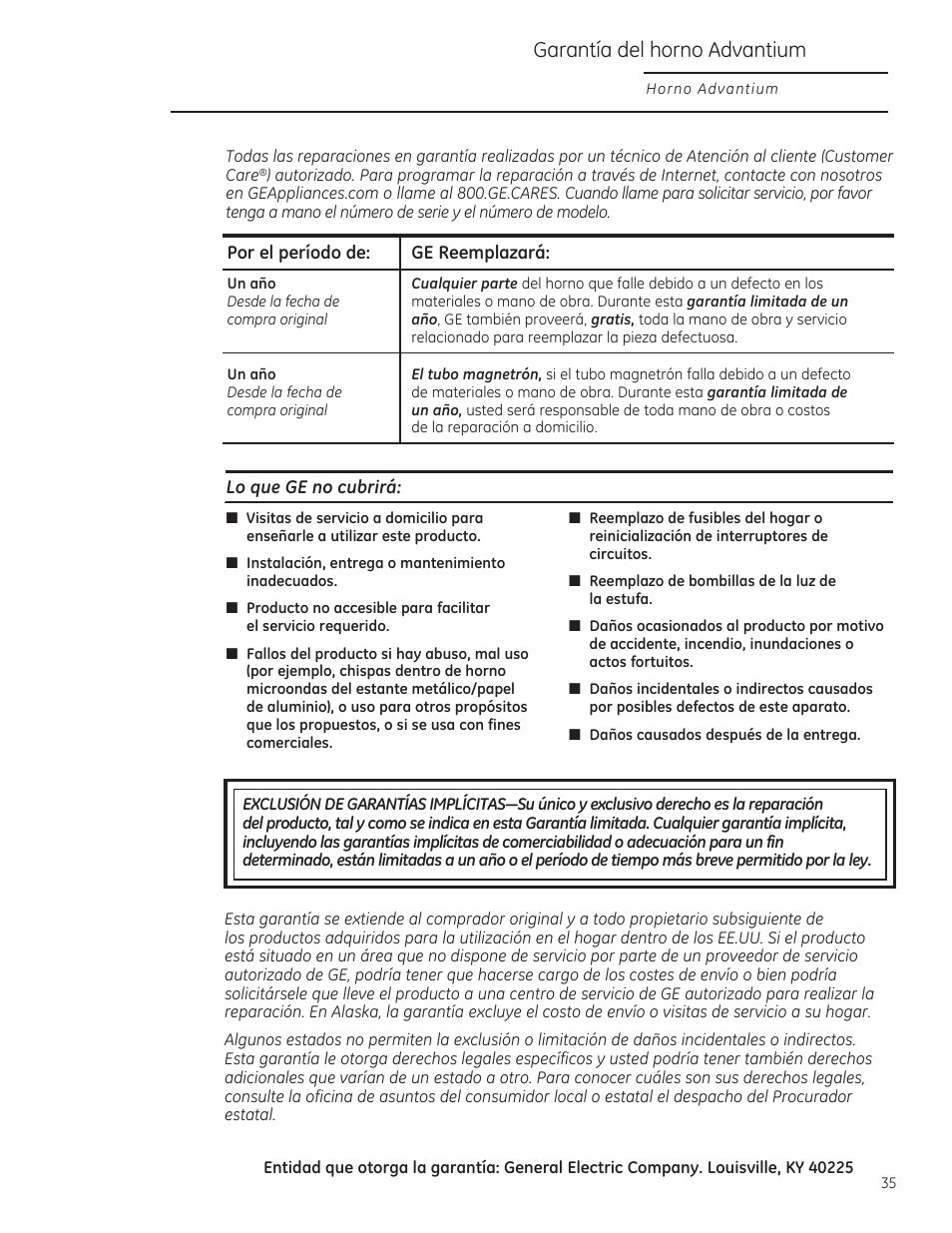 Garantía del horno advantium | GE PSB9120DFBB User Manual | Page 75 / 76