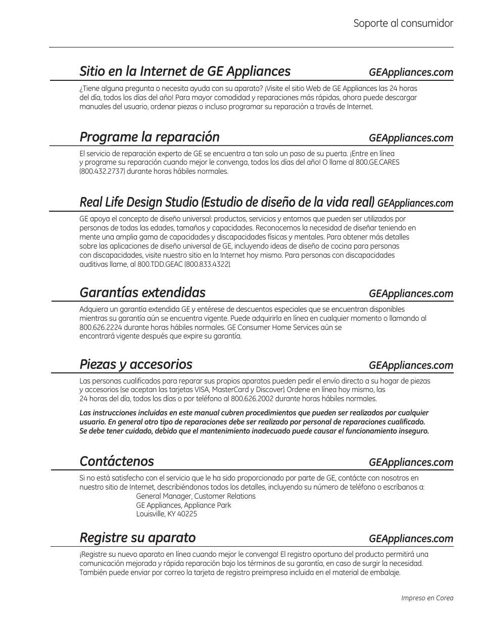 Sitio en la internet de ge appliances, Programe la reparación, Garantías extendidas | Piezas y accesorios, Contáctenos, Registre su aparato | GE PSB9120DFBB User Manual | Page 76 / 76