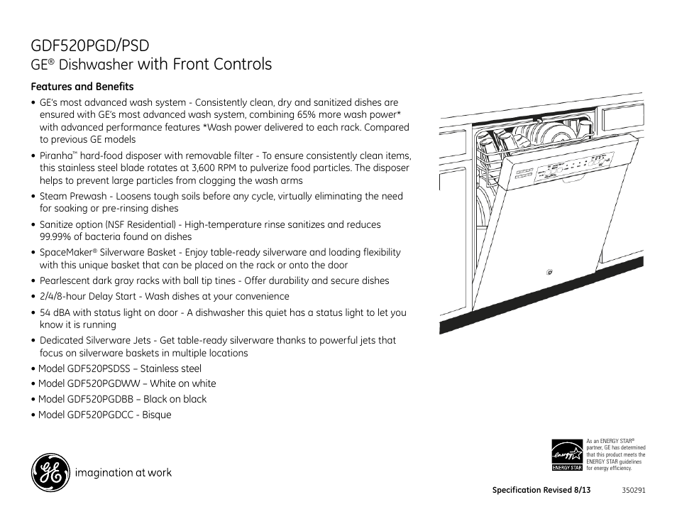 Gdf520pgd/psd, With front controls, Dishwasher | GE GDF520PGDWW User Manual | Page 2 / 2