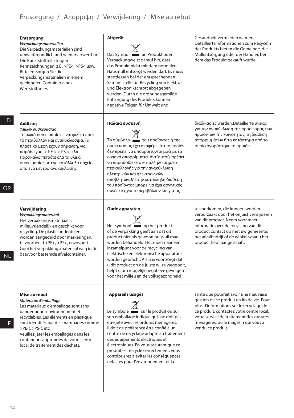 Entsorgung, Απόρριψη, Verwijdering | Mise au rebut | AEG SF2000 User Manual | Page 14 / 24