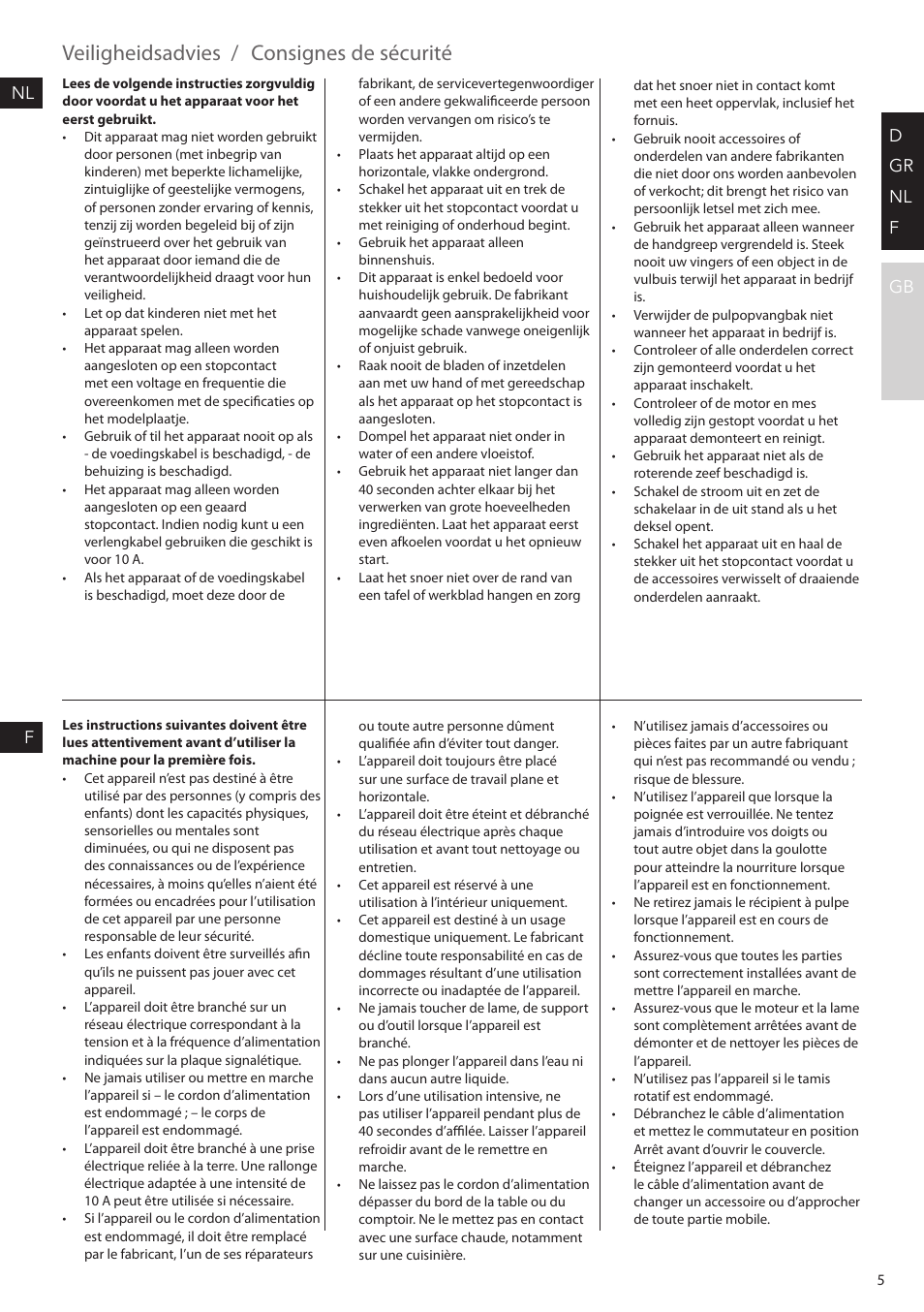 Veiligheidsadvies, Consignes de sécurité, D gr nl f gb | AEG SF2000 User Manual | Page 5 / 24