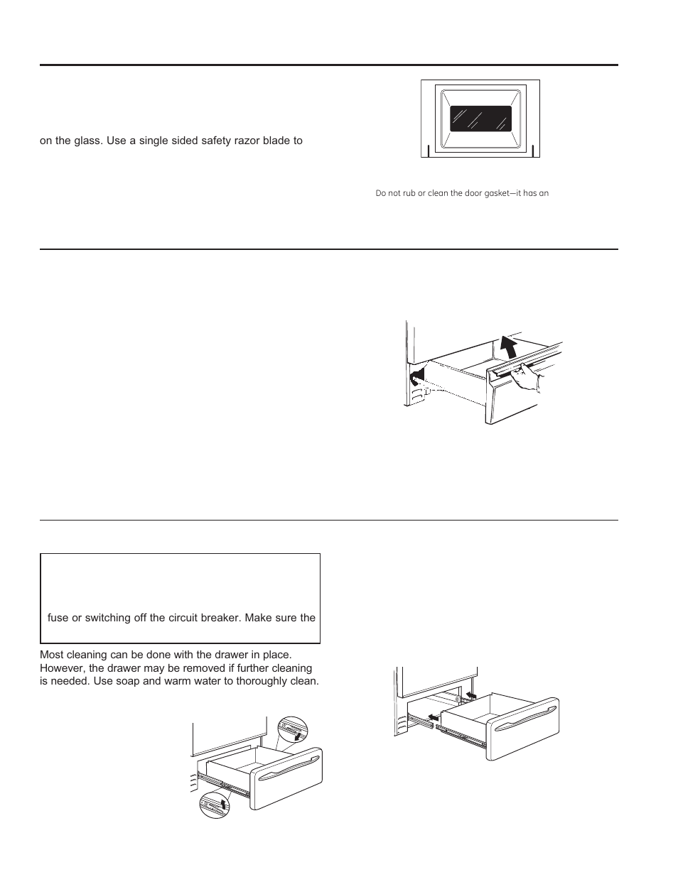 Care and cle aning: cleaning the door and draw er, Cleaning the door and drawer, Removable drawer (warming drawer models only) | GE JGS650DEFWW User Manual | Page 27 / 64