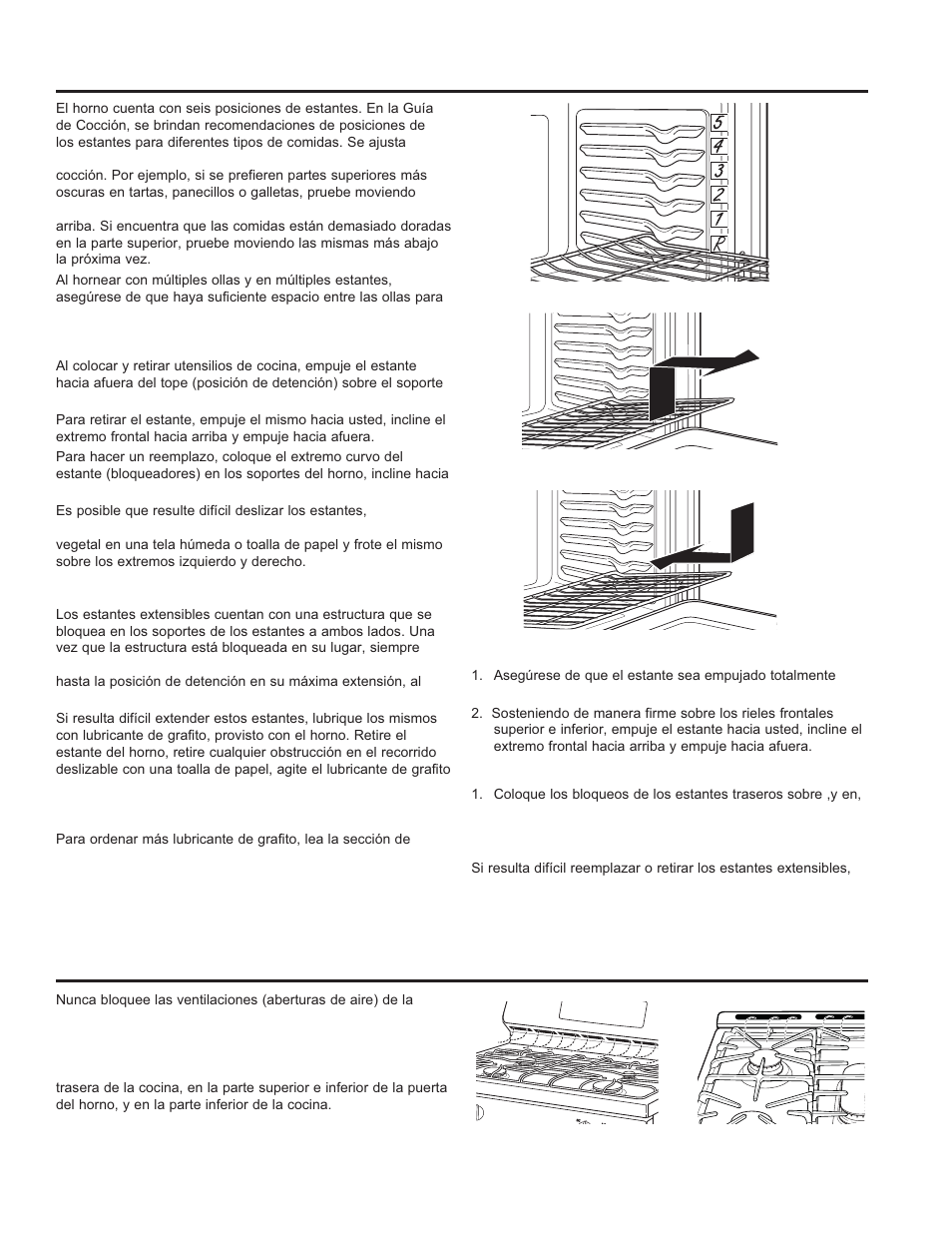 Estantes del horno, Ventilaciones de aire del horno | GE JGS650DEFWW User Manual | Page 49 / 64