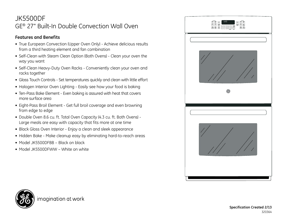 Jk5500df, Jk5500dfww/bb, 27" built-in double convection wall oven | GE JK5500DFWW User Manual | Page 2 / 2