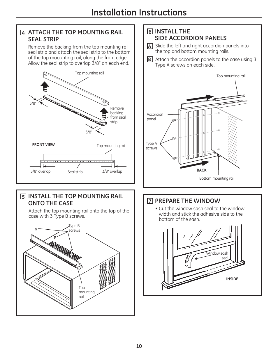 Installation instructions, Install the top mounting rail onto the case, Install the side accordion panels | Prepare the window, Attach the top mounting rail seal strip | GE AEN10AQ User Manual | Page 10 / 32