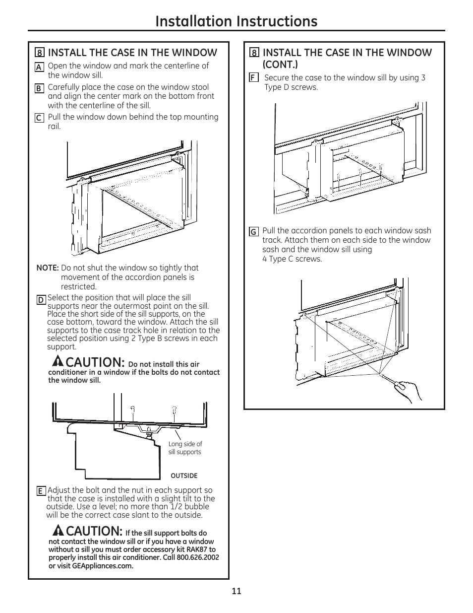 Installation instructions, Caution, Install the case in the window | Install the case in the window (cont.) | GE AEN10AQ User Manual | Page 11 / 32