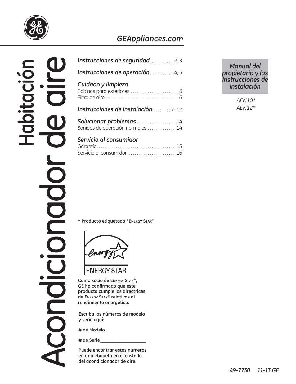 Acondicionador de aire, Habitación | GE AEN10AQ User Manual | Page 17 / 32