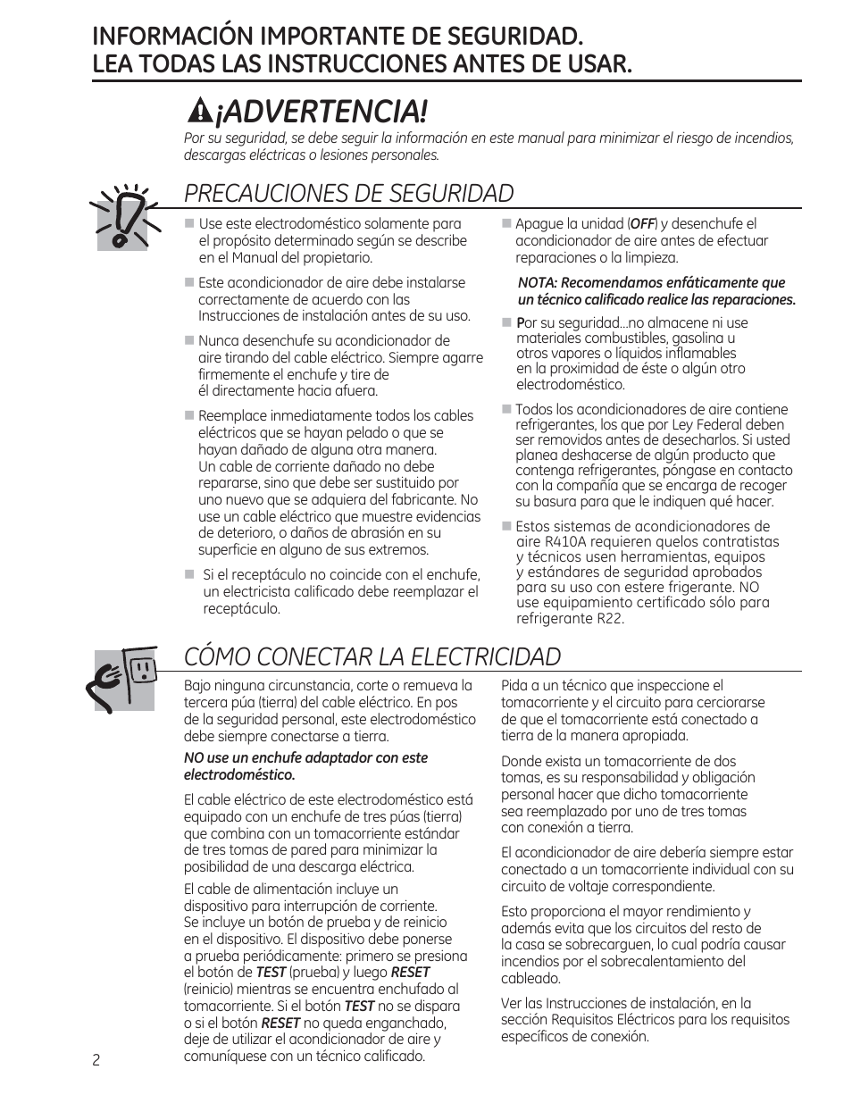 Advertencia, Precauciones de seguridad, Cómo conectar la electricidad | GE AEN10AQ User Manual | Page 18 / 32