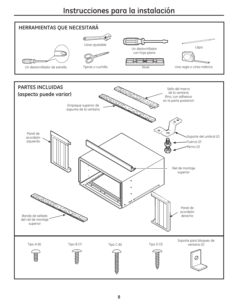 Instrucciones para la instalación, Herramientas que necesitará, Partes incluidas (aspecto puede variar) | GE AEN10AQ User Manual | Page 24 / 32