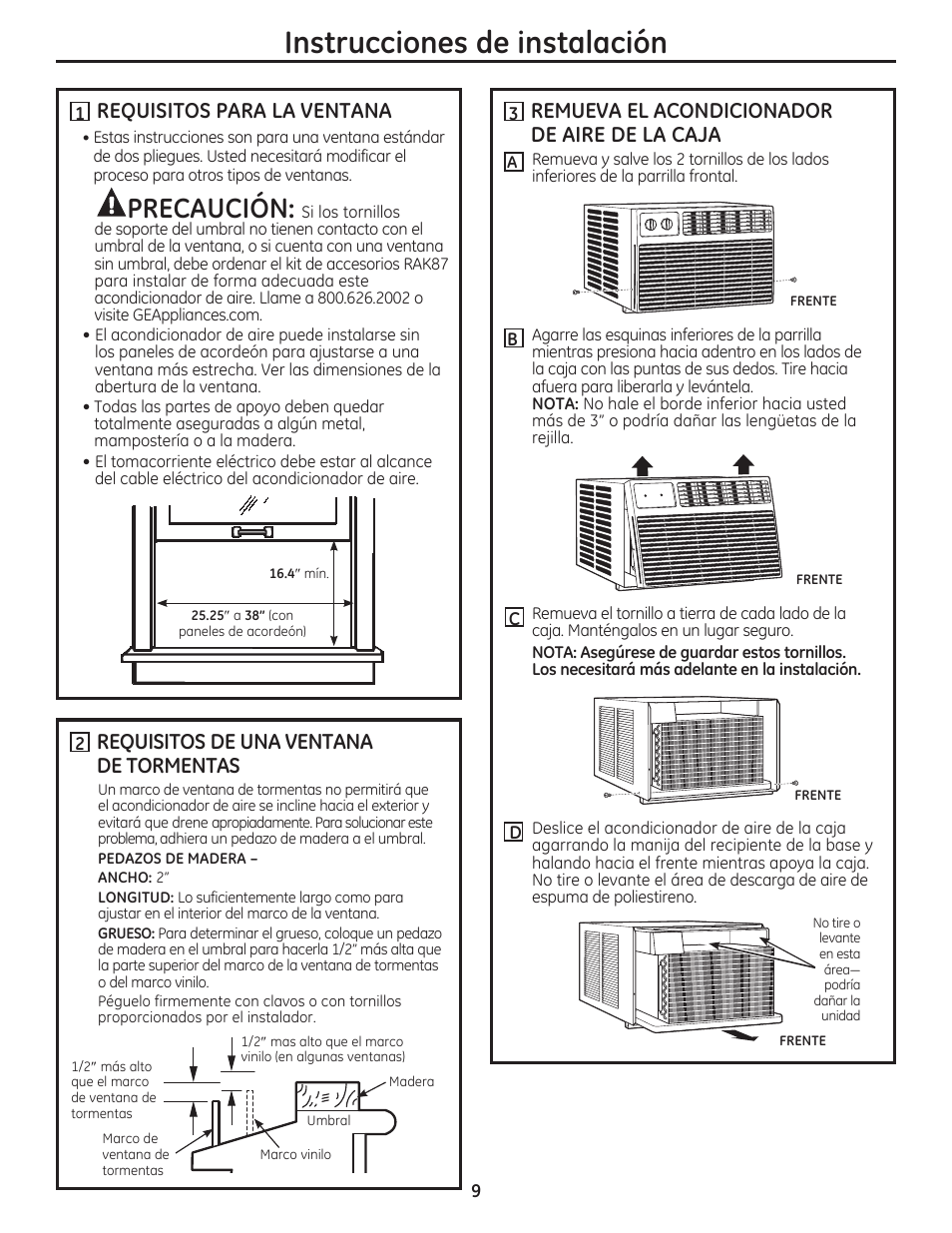 Instrucciones de instalación, Precaución, Requisitos para la ventana | Requisitos de una ventana de tormentas, Remueva el acondicionador de aire de la caja | GE AEN10AQ User Manual | Page 25 / 32