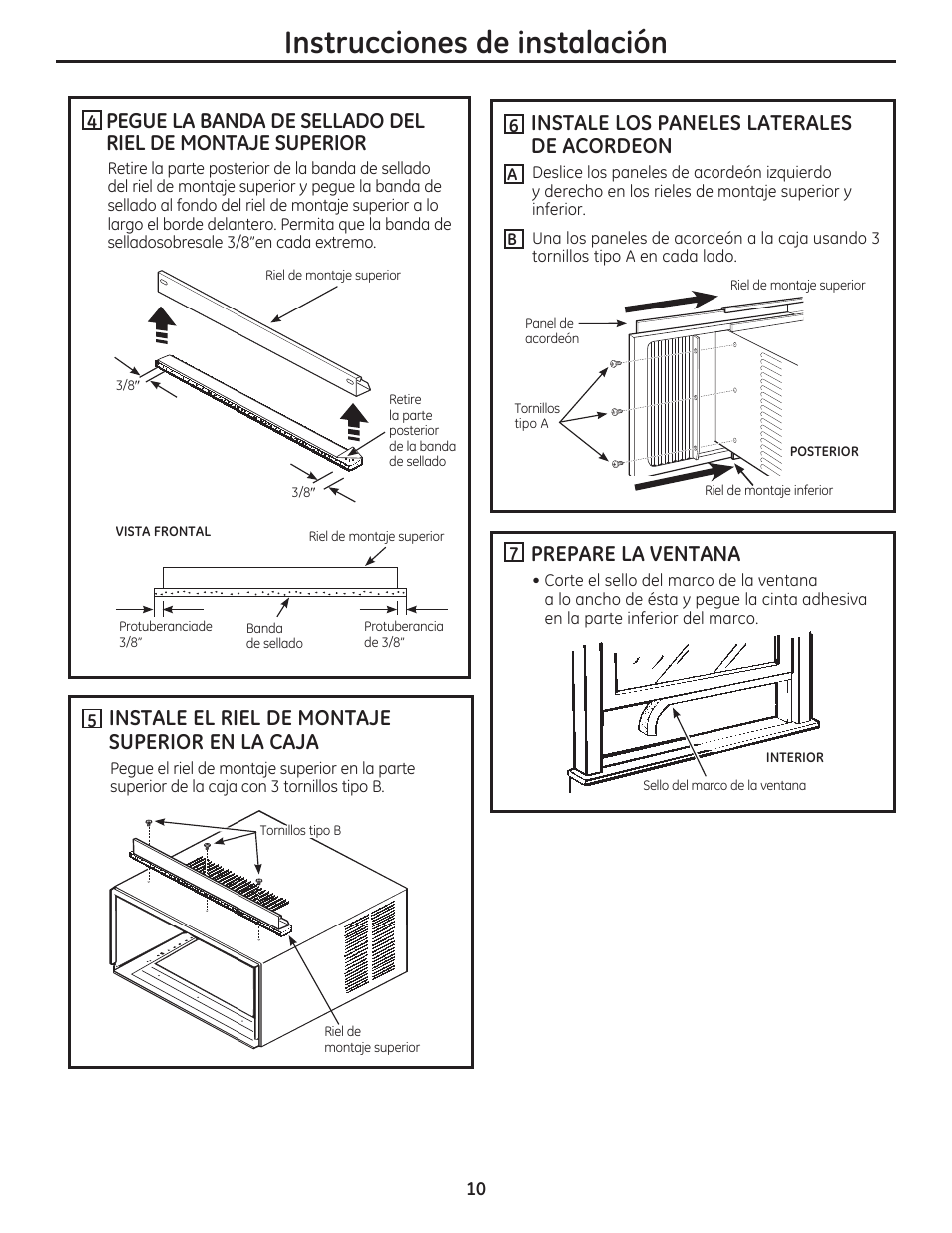 Instrucciones de instalación, Instale los paneles laterales de acordeon, Prepare la ventana | Instale el riel de montaje superior en la caja | GE AEN10AQ User Manual | Page 26 / 32