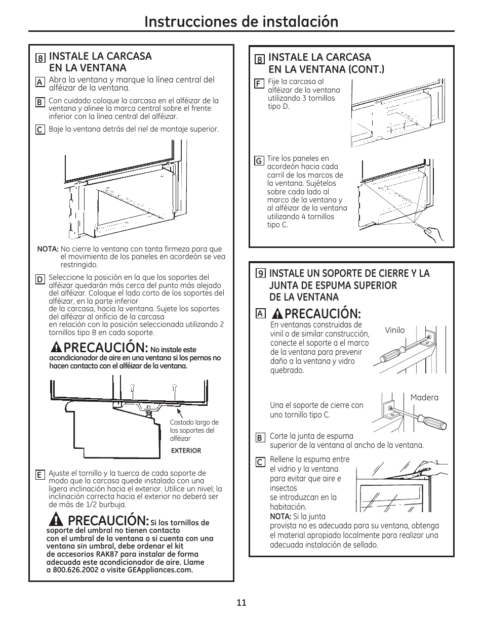 Instrucciones de instalación, Precaución, Instale la carcasa en la ventana | Instale la carcasa en la ventana (cont.) | GE AEN10AQ User Manual | Page 27 / 32