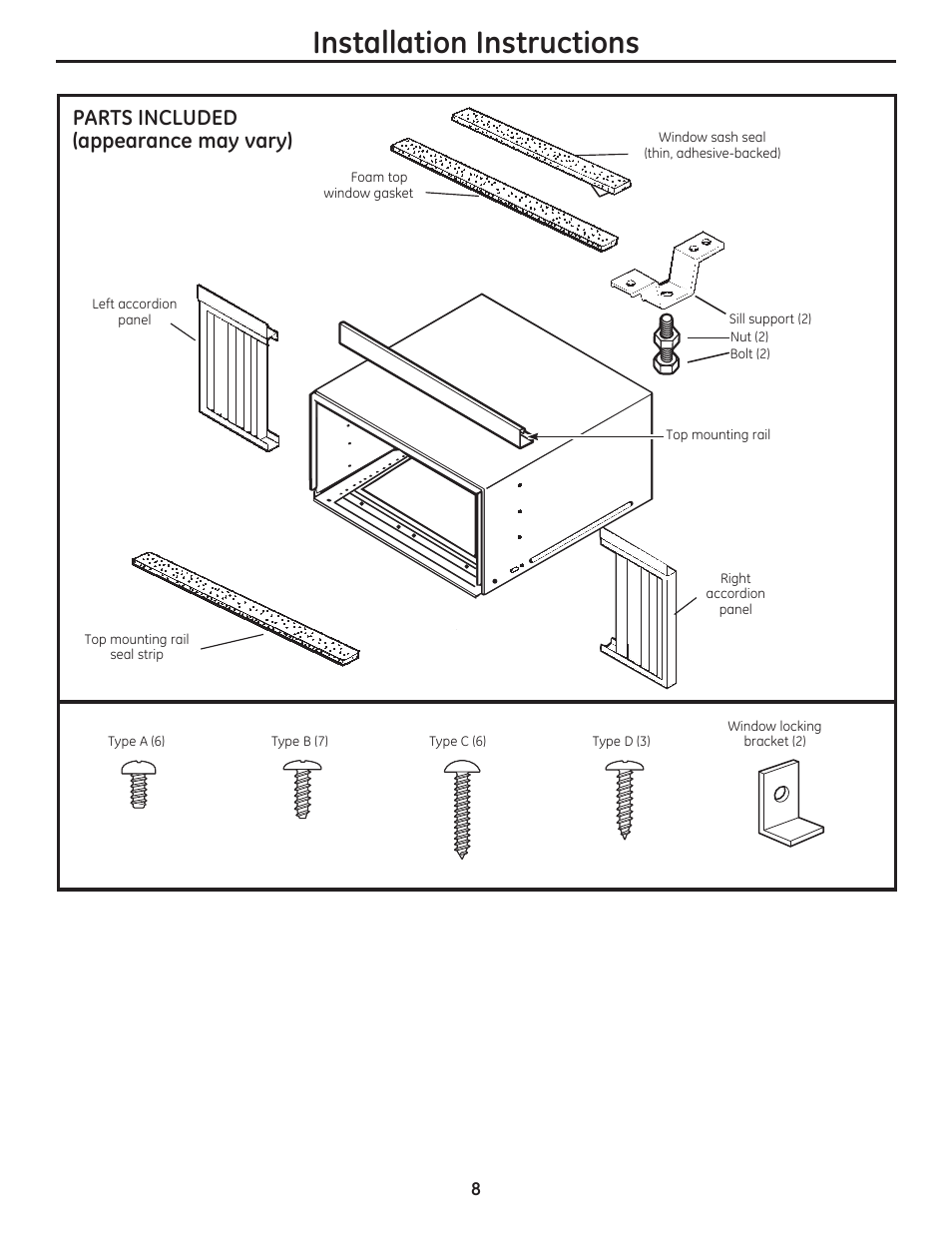 Installation instructions, Parts included (appearance may vary) | GE AEN10AQ User Manual | Page 8 / 32