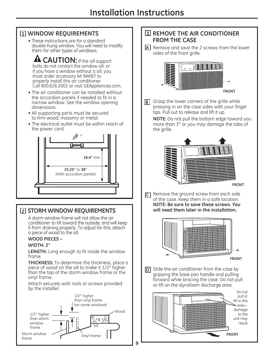 Installation instructions, Caution, Window requirements | Storm window requirements, Remove the air conditioner from the case | GE AEN10AQ User Manual | Page 9 / 32