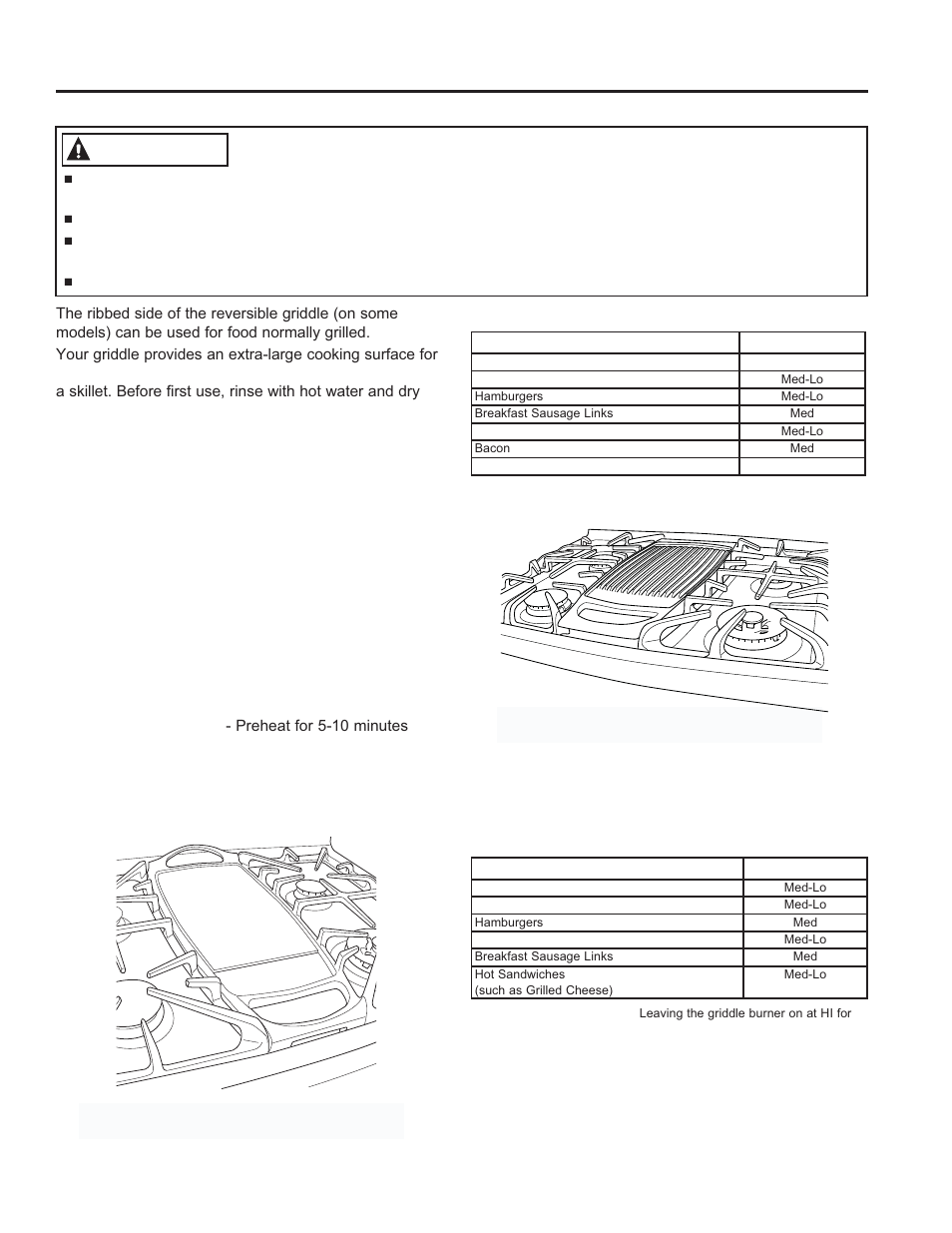 Using the c ook to p: griddle, Griddle, Warning | On some models), Using the griddle (on some models), Nonstick aluminum griddle, Preseasoned reversible cast-iron griddle | GE JGB870SEFSS User Manual | Page 11 / 56