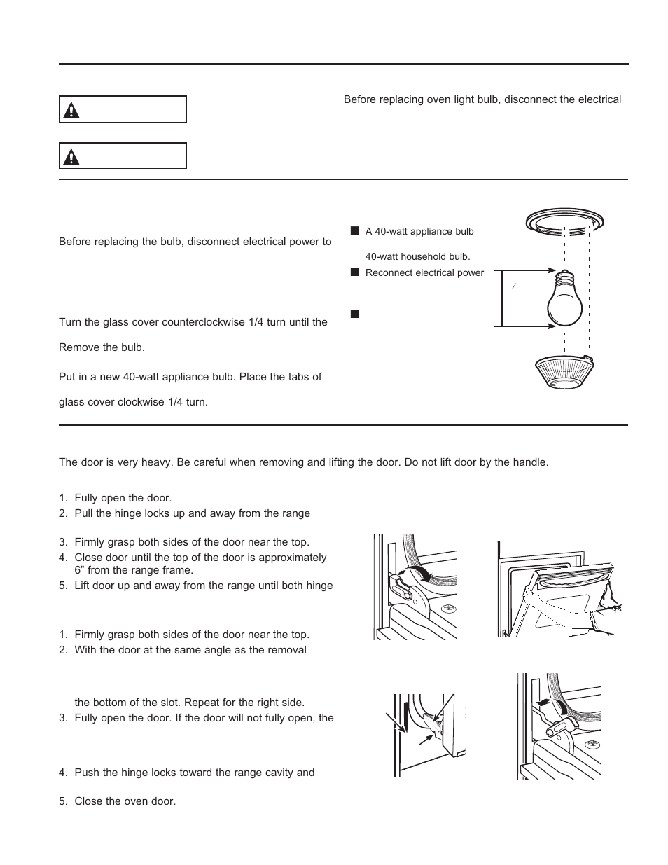 Care and cle aning: maintenance, Maintenance, Warning | Caution, Oven light replacement oven light bulb, Lift-off lower oven door | GE JGB870SEFSS User Manual | Page 24 / 56