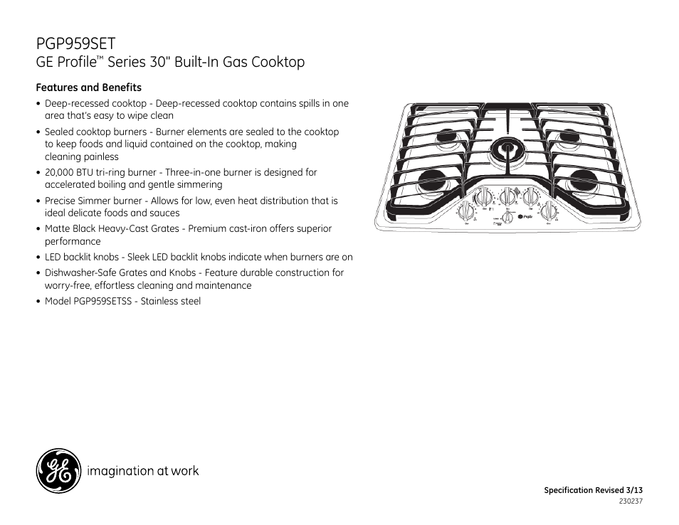 Pgp959set, Ge profile, Series 30" built-in gas cooktop | GE PGP959SETSS User Manual | Page 2 / 2