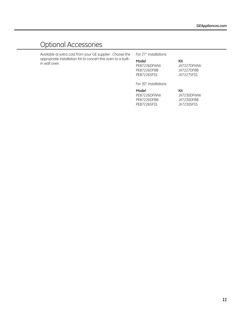 Optional accessories | GE PEB7226DFBB User Manual | Page 11 / 52