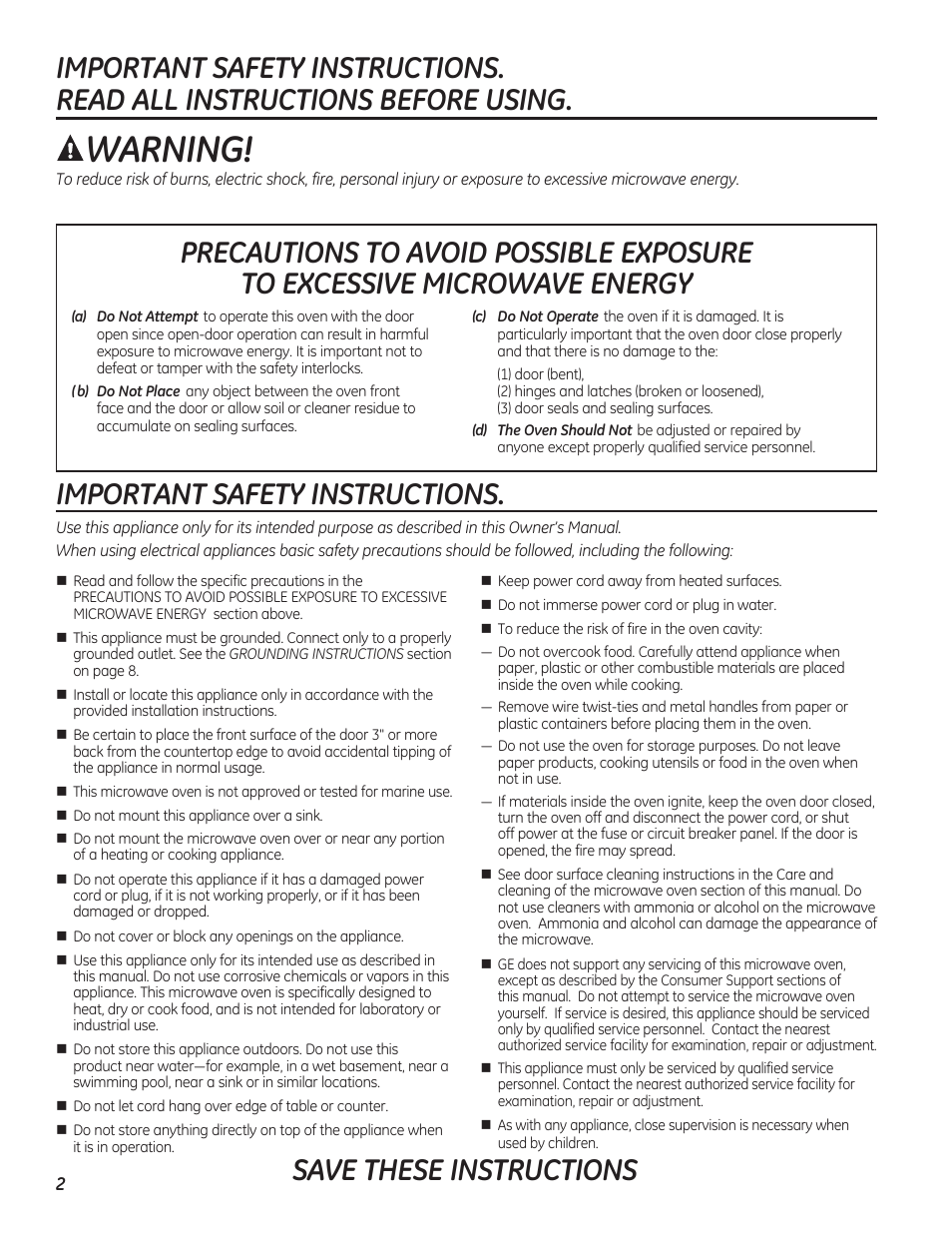 Warning, Save these instructions | GE PEB7226DFBB User Manual | Page 2 / 52