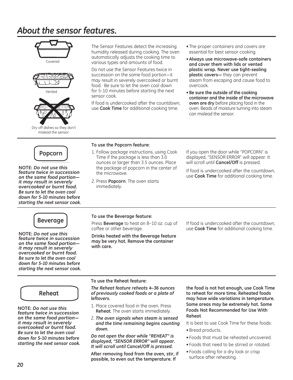 About the sensor features, Popcorn beverage reheat | GE PEB7226DFBB User Manual | Page 20 / 52