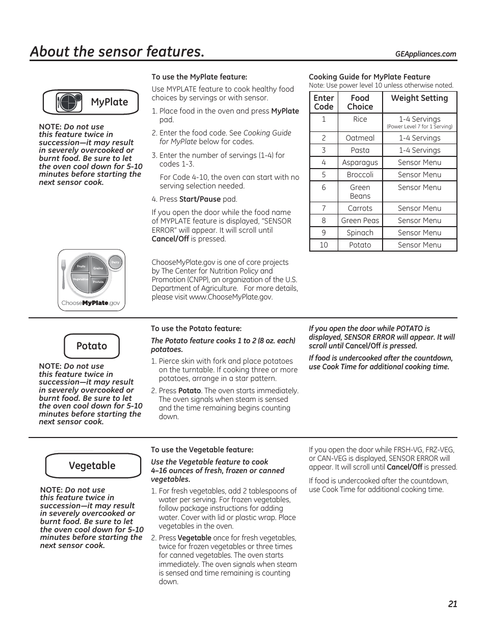 About the sensor features, Myplate potato vegetable | GE PEB7226DFBB User Manual | Page 21 / 52