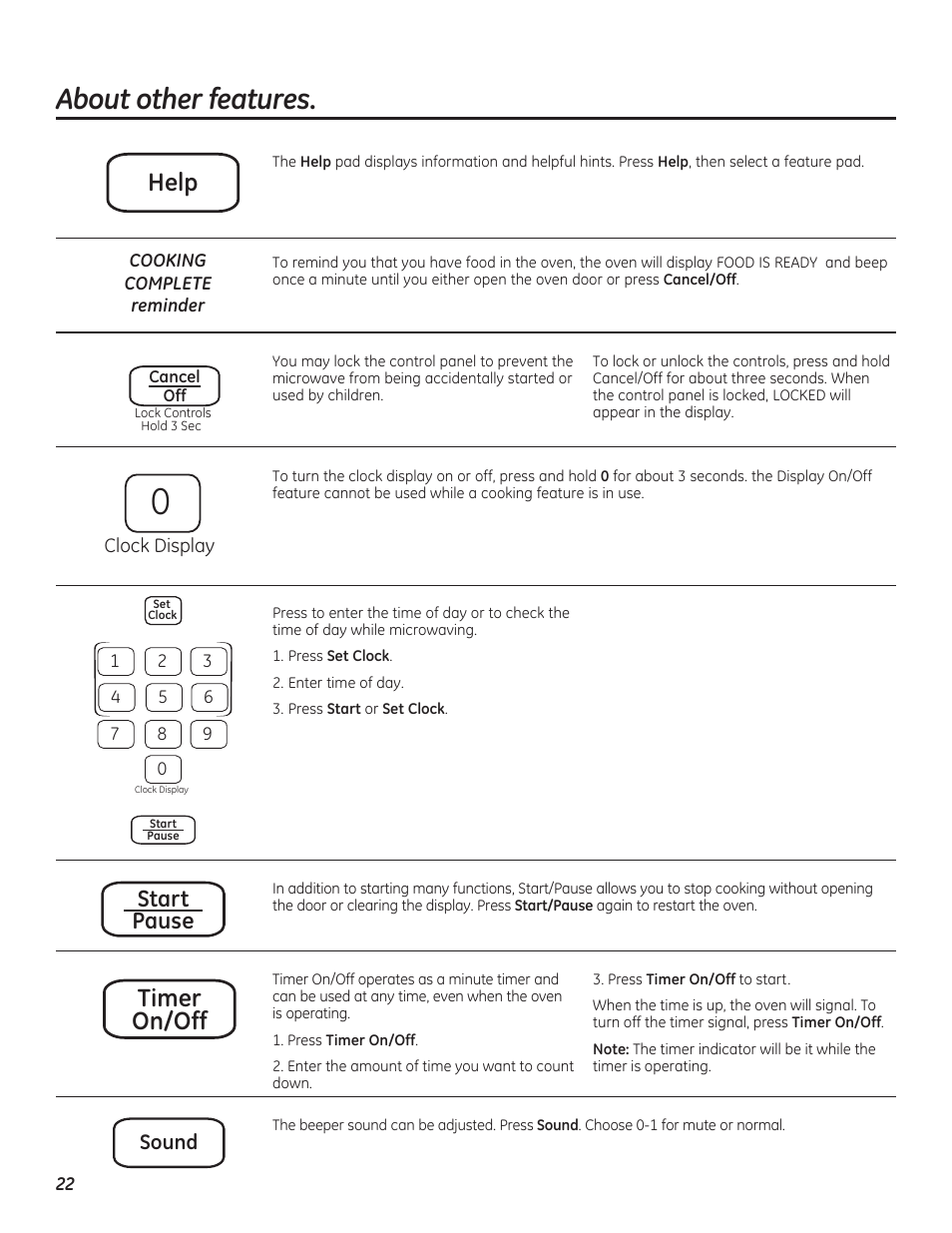 About other features, Help timer on/off, Start pause | Sound | GE PEB7226DFBB User Manual | Page 22 / 52