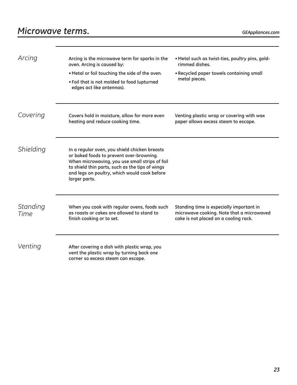 Microwave terms, Arcing, Covering | Shielding, Standing time, Venting | GE PEB7226DFBB User Manual | Page 23 / 52