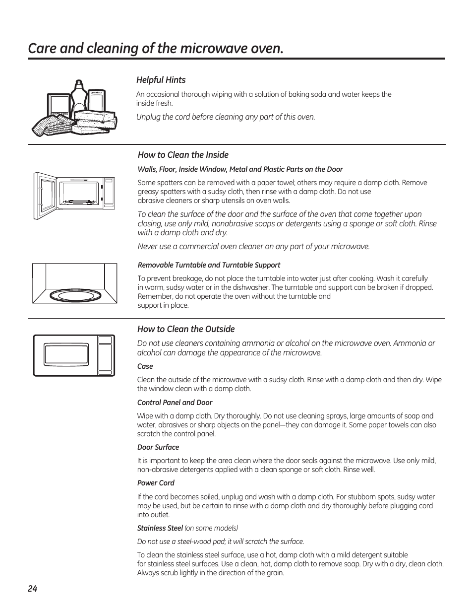 Care and cleaning of the microwave oven | GE PEB7226DFBB User Manual | Page 24 / 52